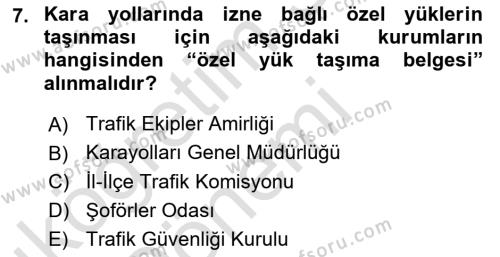 Ulaştırma Sistemleri Dersi 2019 - 2020 Yılı (Vize) Ara Sınavı 7. Soru