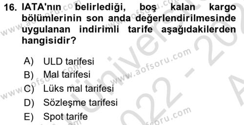 Ulaştırma Sistemleri Dersi 2022 - 2023 Yılı (Vize) Ara Sınavı 16. Soru