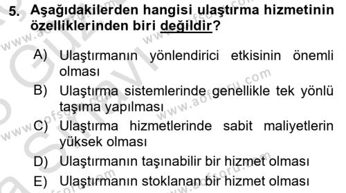 Ulaştırma Sistemleri Dersi 2022 - 2023 Yılı (Vize) Ara Sınavı 5. Soru