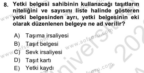 Ulaştırma Sistemleri Dersi 2022 - 2023 Yılı (Vize) Ara Sınavı 8. Soru