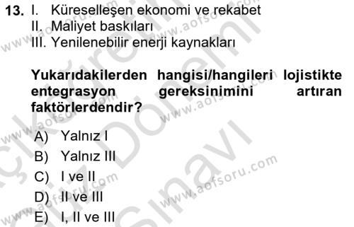 Ulaştırma Sistemleri Dersi 2022 - 2023 Yılı (Final) Dönem Sonu Sınavı 13. Soru