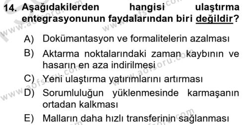 Ulaştırma Sistemleri Dersi 2022 - 2023 Yılı (Final) Dönem Sonu Sınavı 14. Soru