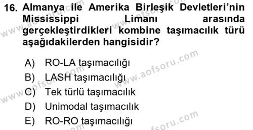 Ulaştırma Sistemleri Dersi 2022 - 2023 Yılı (Final) Dönem Sonu Sınavı 16. Soru