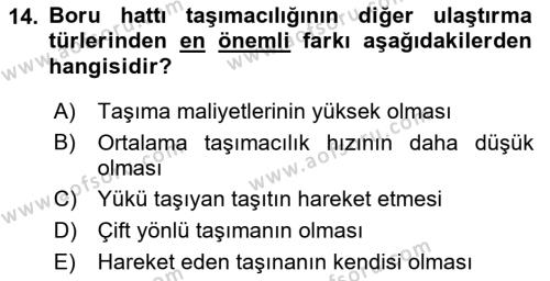 Ulaştırma Sistemleri Dersi 2022 - 2023 Yılı Yaz Okulu Sınavı 14. Soru