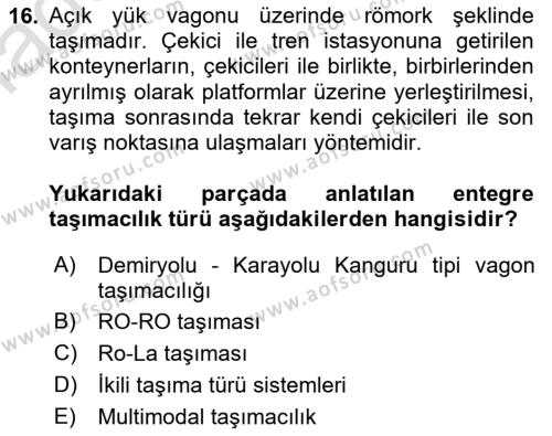 Ulaştırma Sistemleri Dersi 2022 - 2023 Yılı Yaz Okulu Sınavı 16. Soru