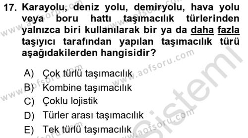 Ulaştırma Sistemleri Dersi 2022 - 2023 Yılı Yaz Okulu Sınavı 17. Soru