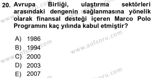 Ulaştırma Sistemleri Dersi 2022 - 2023 Yılı Yaz Okulu Sınavı 20. Soru