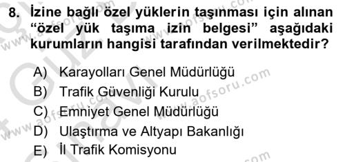 Ulaştırma Sistemleri Dersi 2023 - 2024 Yılı (Vize) Ara Sınavı 8. Soru