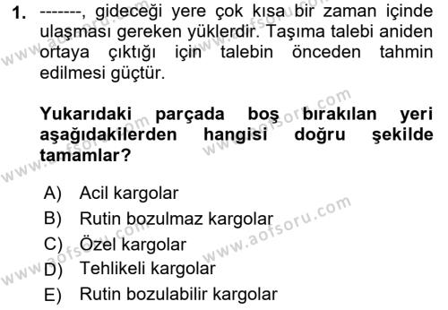 Ulaştırma Sistemleri Dersi 2023 - 2024 Yılı (Final) Dönem Sonu Sınavı 1. Soru