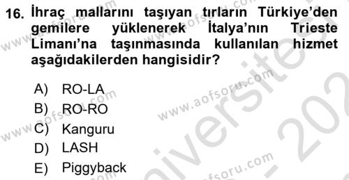 Ulaştırma Sistemleri Dersi 2023 - 2024 Yılı (Final) Dönem Sonu Sınavı 16. Soru