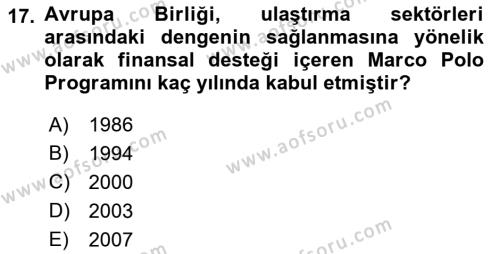 Ulaştırma Sistemleri Dersi 2023 - 2024 Yılı (Final) Dönem Sonu Sınavı 17. Soru