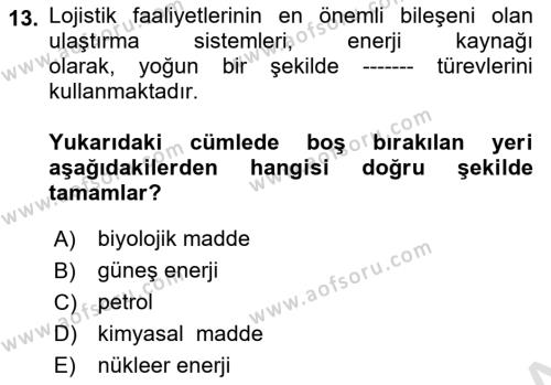 Ulaştırma Sistemleri Dersi 2023 - 2024 Yılı Yaz Okulu Sınavı 13. Soru