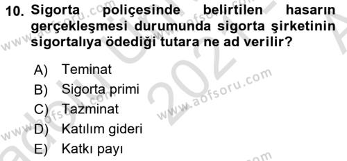 Dış Ticarette Risk Yönetimi Ve Sigortacılık Dersi 2021 - 2022 Yılı (Vize) Ara Sınavı 10. Soru