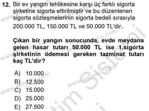 Dış Ticarette Risk Yönetimi Ve Sigortacılık Dersi 2021 - 2022 Yılı (Vize) Ara Sınavı 12. Soru