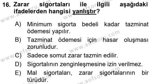 Dış Ticarette Risk Yönetimi Ve Sigortacılık Dersi 2021 - 2022 Yılı (Vize) Ara Sınavı 16. Soru