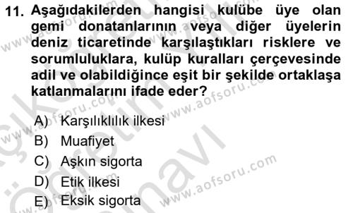 Dış Ticarette Risk Yönetimi Ve Sigortacılık Dersi 2021 - 2022 Yılı Yaz Okulu Sınavı 11. Soru