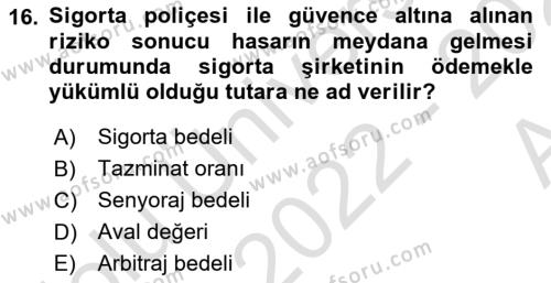 Dış Ticarette Risk Yönetimi Ve Sigortacılık Dersi 2022 - 2023 Yılı (Vize) Ara Sınavı 16. Soru