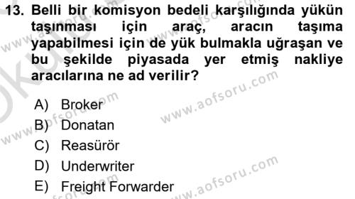 Dış Ticarette Risk Yönetimi Ve Sigortacılık Dersi 2022 - 2023 Yılı Yaz Okulu Sınavı 13. Soru