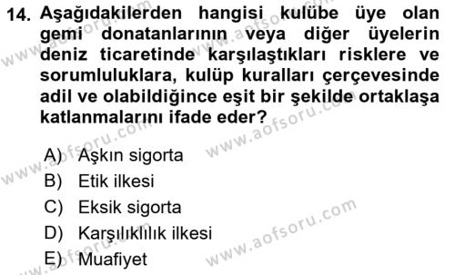 Dış Ticarette Risk Yönetimi Ve Sigortacılık Dersi 2022 - 2023 Yılı Yaz Okulu Sınavı 14. Soru