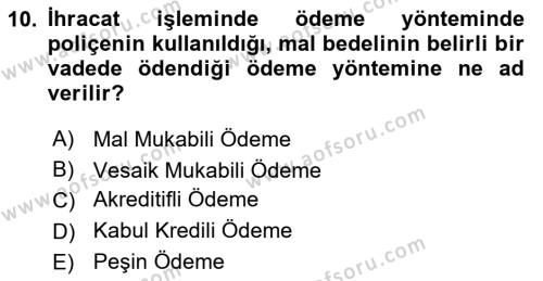 Dış Ticaret İşlemleri ve Belgeleri Dersi 2021 - 2022 Yılı Yaz Okulu Sınavı 10. Soru