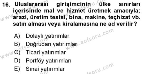 Dış Ticaret İşlemleri ve Belgeleri Dersi 2021 - 2022 Yılı Yaz Okulu Sınavı 16. Soru