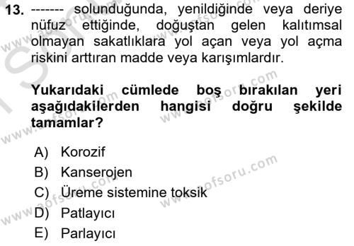 Tehlikeli Madde Lojistiği Ve İş Güvenliği Dersi 2023 - 2024 Yılı (Final) Dönem Sonu Sınavı 13. Soru