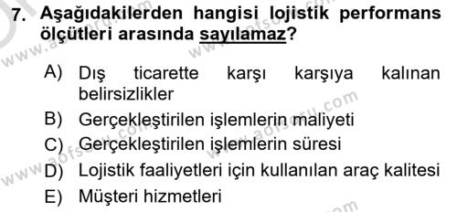 Lojistik Maliyetleri Ve Raporlama Dersi 2020 - 2021 Yılı Yaz Okulu Sınavı 7. Soru