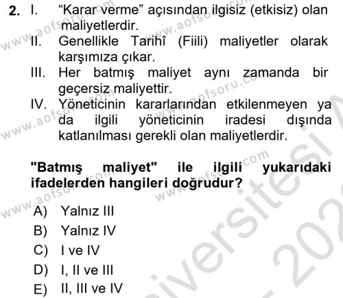 Lojistik Maliyetleri Ve Raporlama Dersi 2021 - 2022 Yılı (Vize) Ara Sınavı 2. Soru