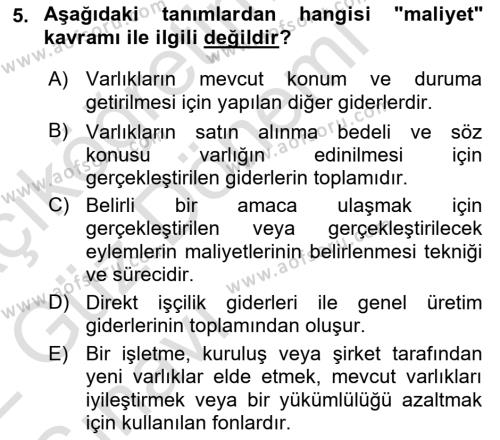 Lojistik Maliyetleri Ve Raporlama Dersi 2021 - 2022 Yılı (Vize) Ara Sınavı 5. Soru