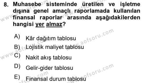 Lojistik Maliyetleri Ve Raporlama Dersi 2021 - 2022 Yılı (Vize) Ara Sınavı 8. Soru