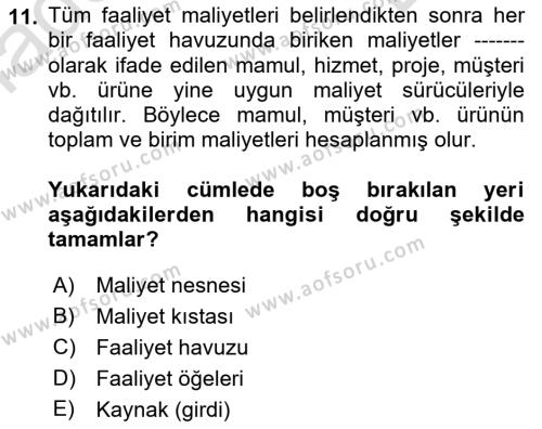 Lojistik Maliyetleri Ve Raporlama Dersi 2021 - 2022 Yılı (Final) Dönem Sonu Sınavı 11. Soru