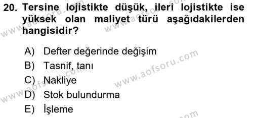 Lojistik Maliyetleri Ve Raporlama Dersi 2022 - 2023 Yılı Yaz Okulu Sınavı 20. Soru