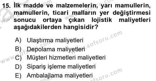 Lojistik Maliyetleri Ve Raporlama Dersi 2023 - 2024 Yılı (Vize) Ara Sınavı 15. Soru