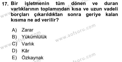 Lojistik Maliyetleri Ve Raporlama Dersi 2023 - 2024 Yılı Yaz Okulu Sınavı 17. Soru