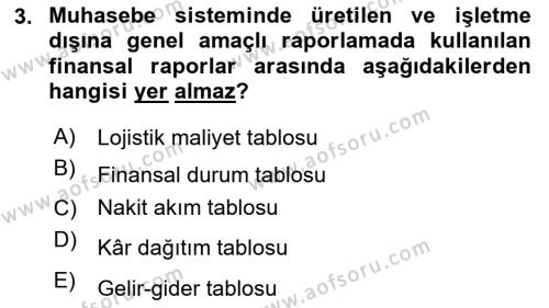 Lojistik Maliyetleri Ve Raporlama Dersi 2023 - 2024 Yılı Yaz Okulu Sınavı 3. Soru