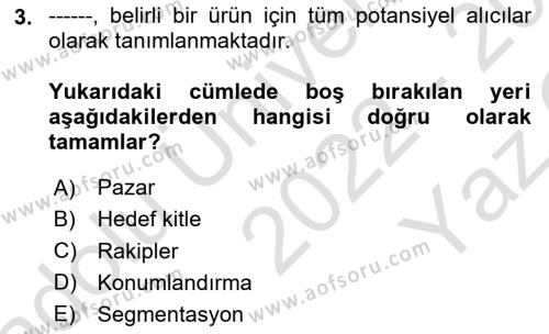 Marka ve Yönetimi Dersi 2022 - 2023 Yılı Yaz Okulu Sınavı 3. Soru