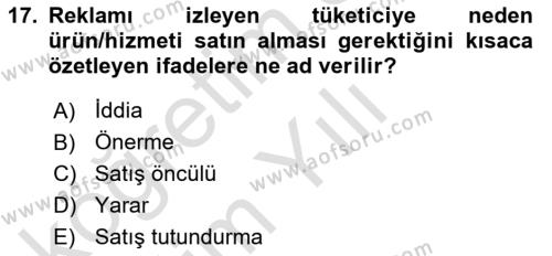 Reklamcılık Dersi 2021 - 2022 Yılı Yaz Okulu Sınavı 17. Soru