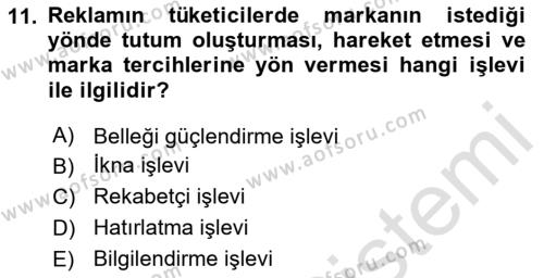 Reklamcılık Dersi 2023 - 2024 Yılı Yaz Okulu Sınavı 11. Soru