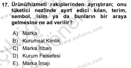 Reklamcılık Dersi 2024 - 2025 Yılı (Vize) Ara Sınavı 17. Soru