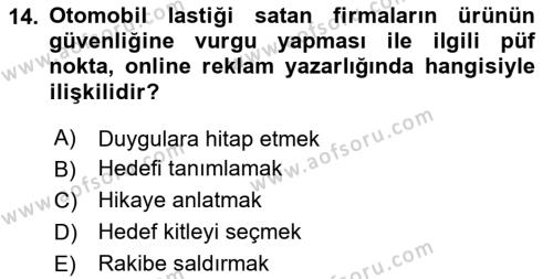 Reklamda Yaratıcılık ve Yazarlık Dersi 2023 - 2024 Yılı (Final) Dönem Sonu Sınavı 14. Soru