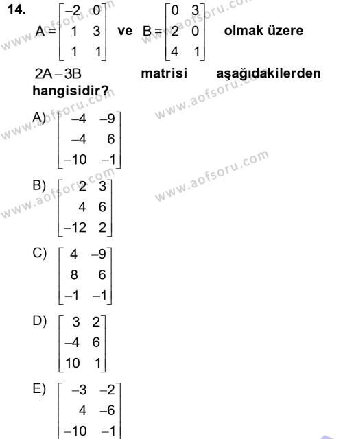 Genel Matematik Dersi 2012 - 2013 Yılı (Final) Dönem Sonu Sınavı 14. Soru