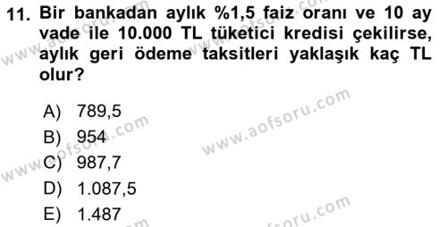 Genel Matematik Dersi 2020 - 2021 Yılı Yaz Okulu Sınavı 11. Soru