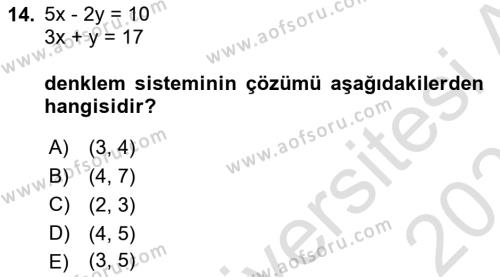 Genel Matematik Dersi 2020 - 2021 Yılı Yaz Okulu Sınavı 14. Soru