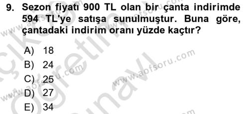 Genel Matematik Dersi 2020 - 2021 Yılı Yaz Okulu Sınavı 9. Soru