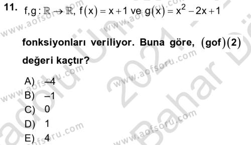 Genel Matematik Dersi 2021 - 2022 Yılı (Vize) Ara Sınavı 11. Soru