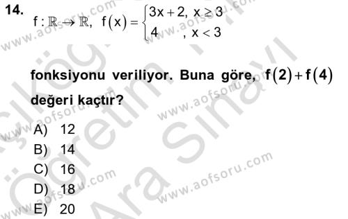 Genel Matematik Dersi 2021 - 2022 Yılı (Vize) Ara Sınavı 14. Soru