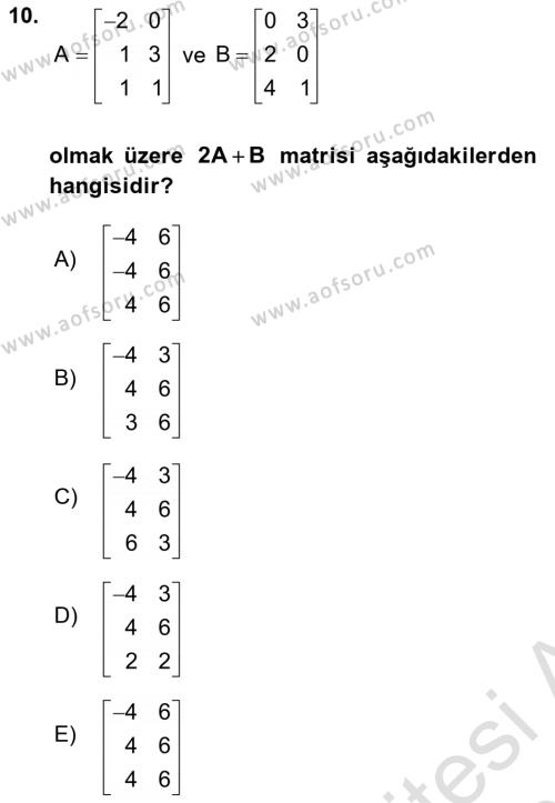 Genel Matematik Dersi 2021 - 2022 Yılı (Final) Dönem Sonu Sınavı 10. Soru