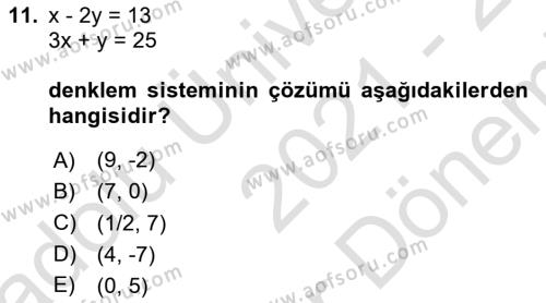 Genel Matematik Dersi 2021 - 2022 Yılı (Final) Dönem Sonu Sınavı 11. Soru