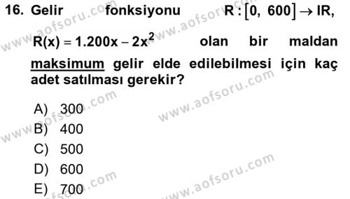 Genel Matematik Dersi 2021 - 2022 Yılı (Final) Dönem Sonu Sınavı 16. Soru