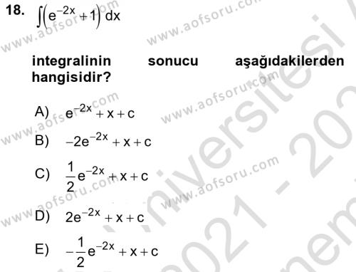 Genel Matematik Dersi 2021 - 2022 Yılı (Final) Dönem Sonu Sınavı 18. Soru